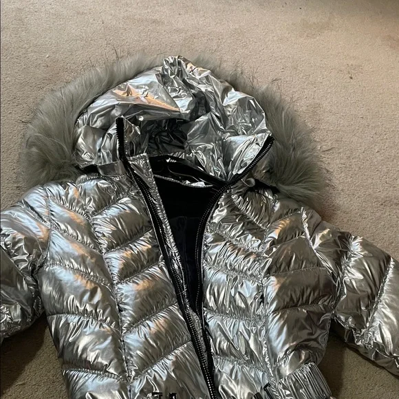 Long Silver Puffer Coat with Hood - Picture 7 of 8